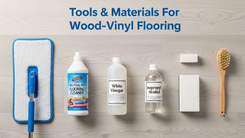 Essential vinyl floor cleaning tools placed on a wood-look vinyl floor.