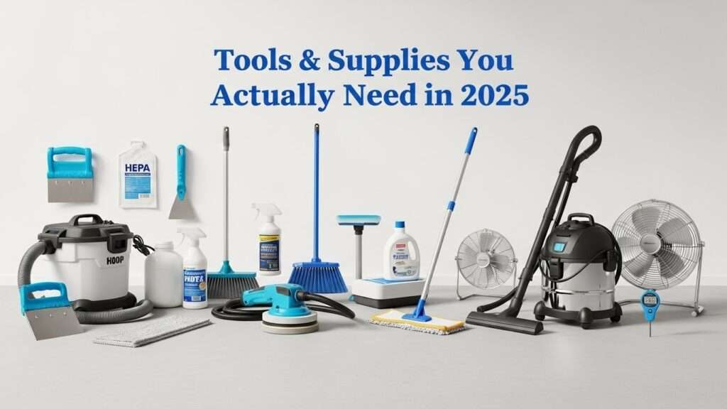 Essential tools and cleaning supplies for removing carpet and adhesive from a concrete floor, neatly arranged.