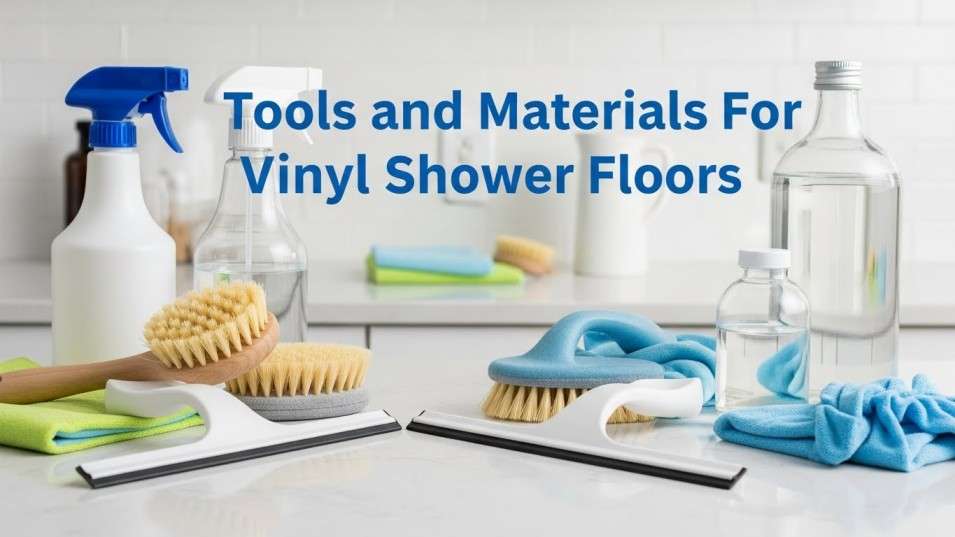 showcasing tools and materials for vinyl shower floor cleaning.