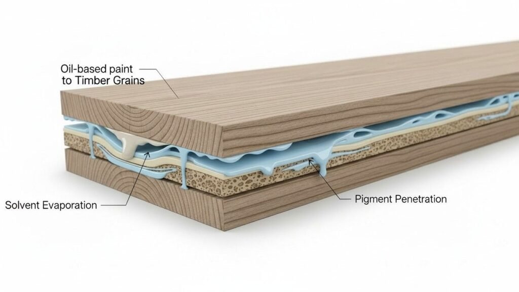 Diagram showing how oil-based paint penetrates timber grain and bonds to the surface.