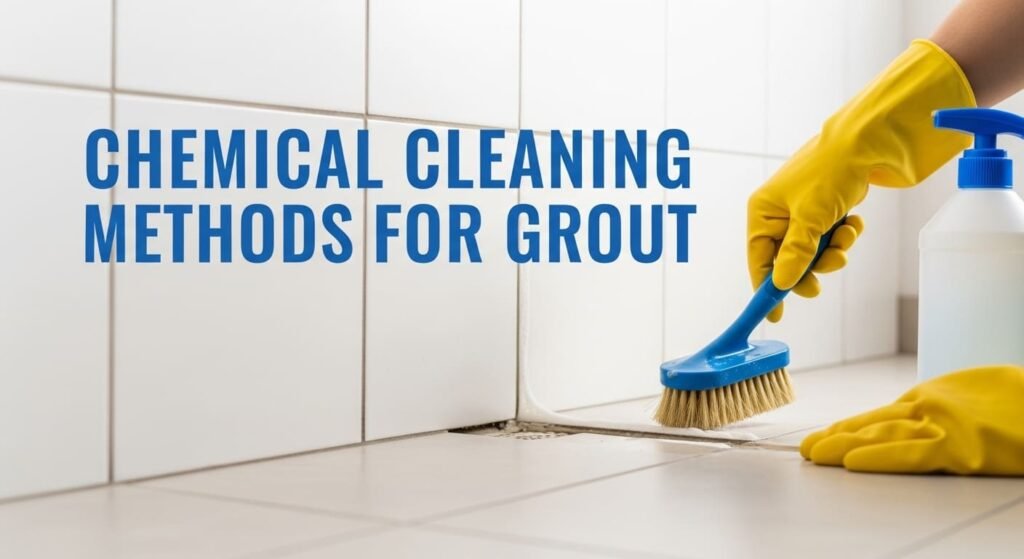Using commercial grout cleaner on tile floors with brush and gloves.