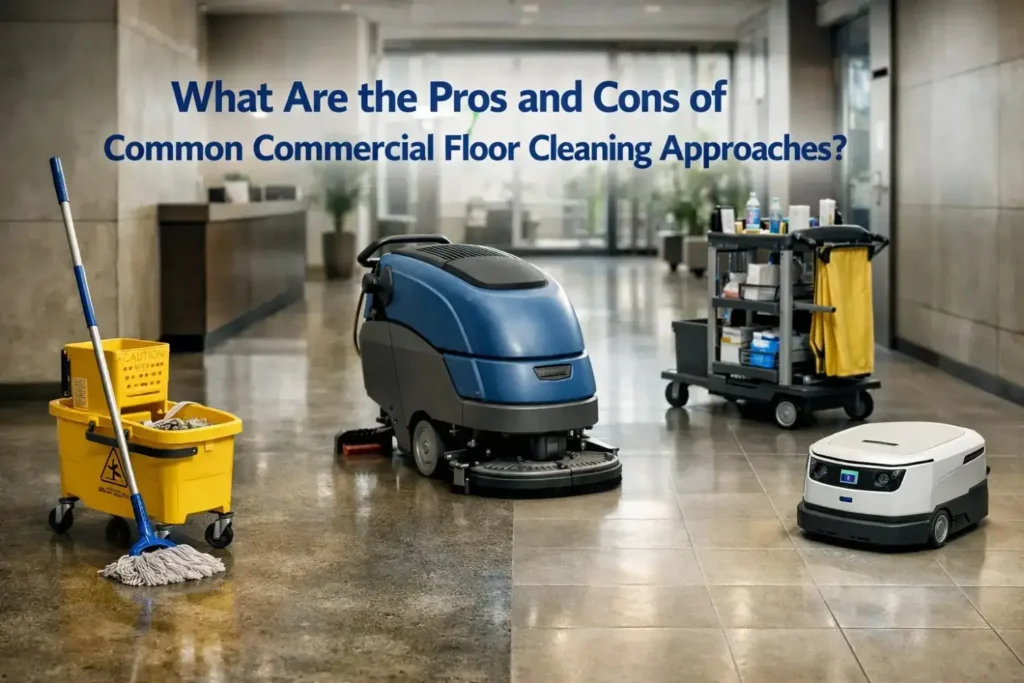 Commercial floor cleaning equipment including a mop, auto scrubber, microfiber tools, and robotic cleaner in a modern business setting.