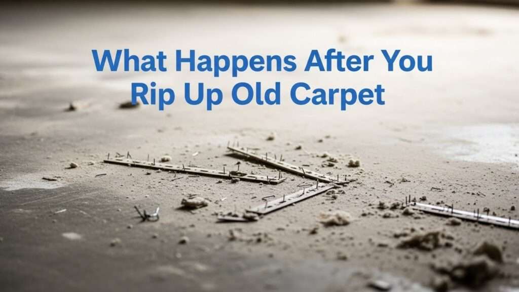 Bare concrete floor after carpet removal showing tack strips, adhesive residue, staples, and dust.