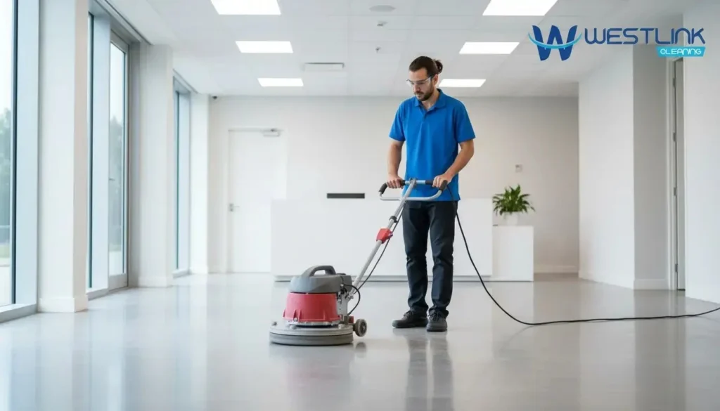 Professional cleaner using a rotary floor buffer on a commercial hard floor with light surface dullness