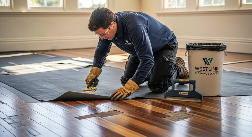 Professional cleaning technician removing rubber underlay from a heritage timber floor, wearing a WESTLINK CLEANING SERVICES shirt.
