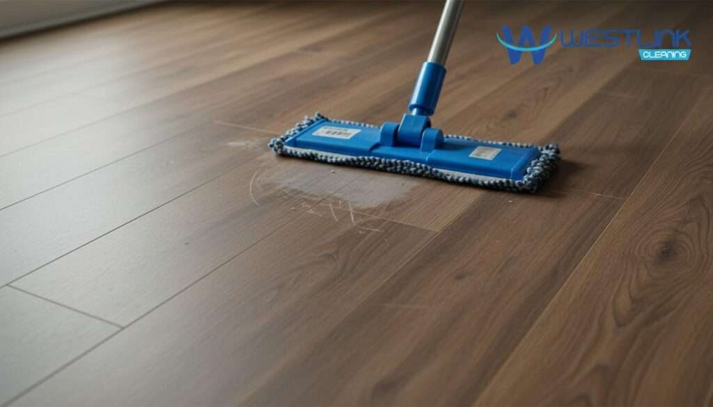 Close-up of vinyl plank flooring with light streaks and a microfiber cloth for careful troubleshooting