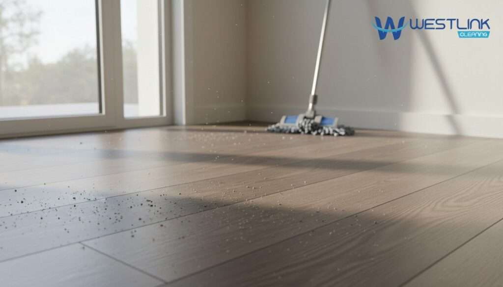 Fine grit and dust on vinyl plank flooring near an entrance in a modern interior