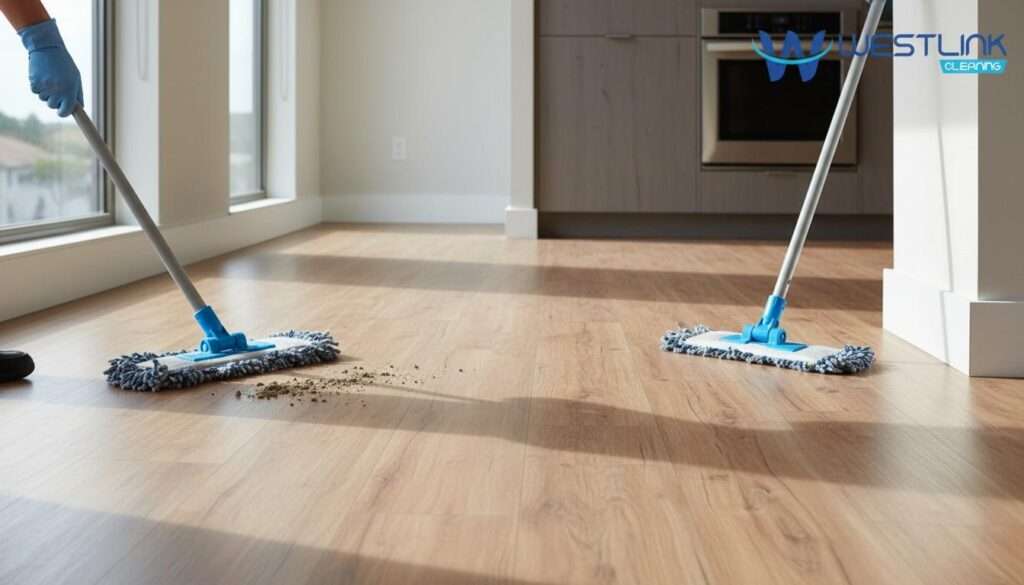 Dry dirt removal and low-moisture mopping on vinyl plank flooring in a modern interior