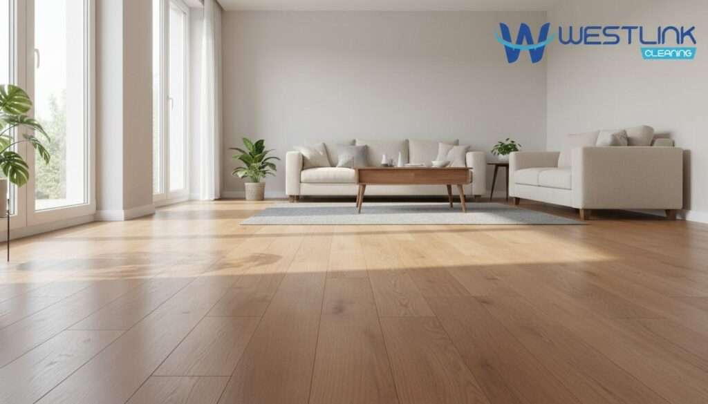Hardwood floor with dull haze and uneven reflection after cleaning in a modern home