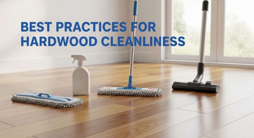 Microfiber mop and hardwood-safe cleaning setup on a polished timber floor in a bright premium interior.