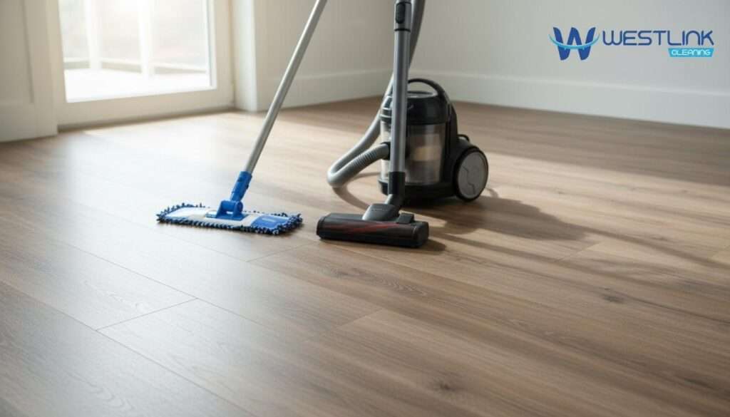 Vacuum and microfiber dust mop used on vinyl plank flooring in a bright modern interior