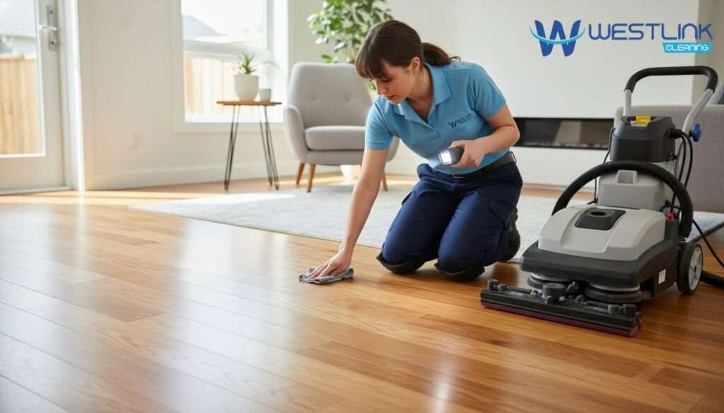 Professional hardwood floor care specialist inspecting and treating a hardwood floor in a realistic interior
