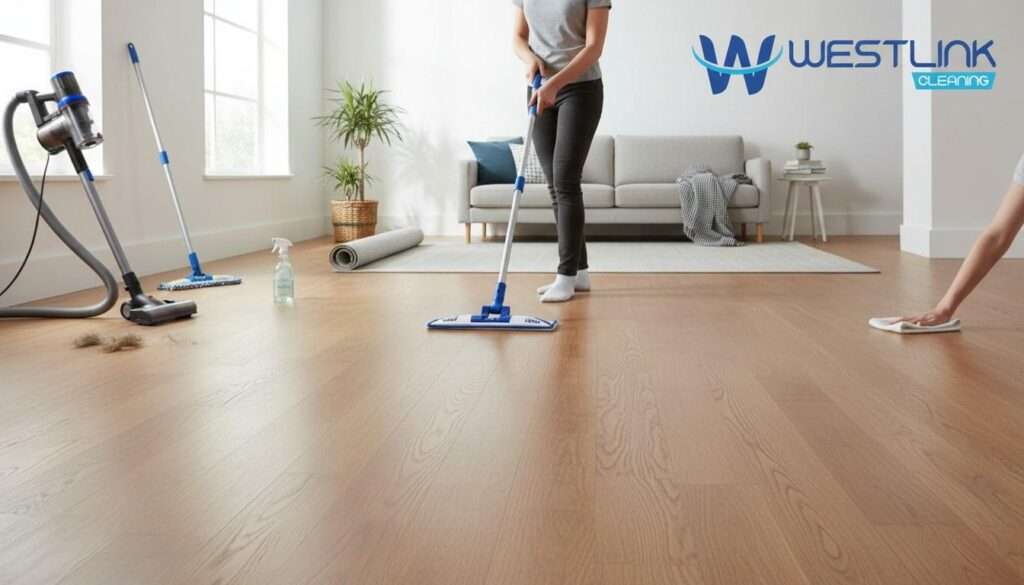 Step-by-step hardwood floor cleaning tools and process shown in a realistic modern home