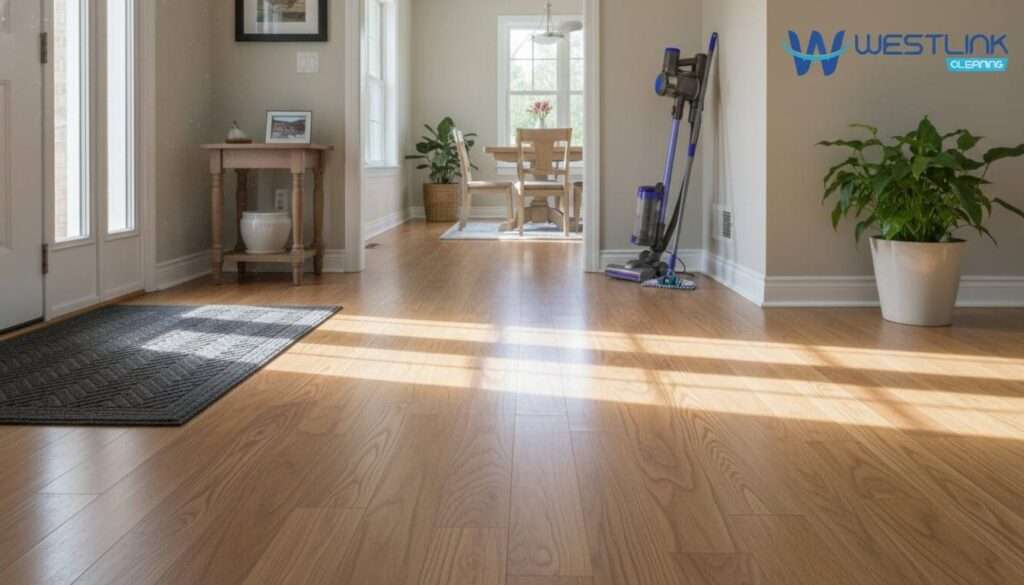 Hardwood floor in a high-traffic home entryway with a walk-off mat and cleaning tools nearby