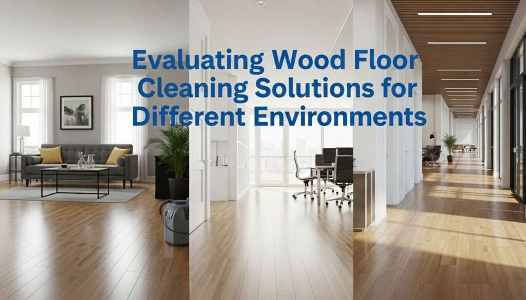 Professional blog thumbnail showing wood floor cleaning solutions across home, office, and commercial environments.