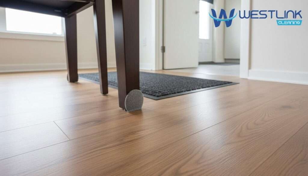 Felt pads under furniture legs and an entrance mat protecting vinyl plank flooring in a modern interior