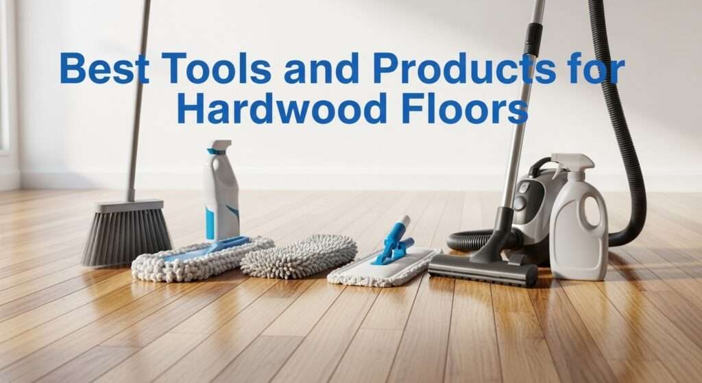 Hardwood-safe cleaning tools including a microfiber mop, soft broom, and wood-floor cleaner arranged neatly in natural light.