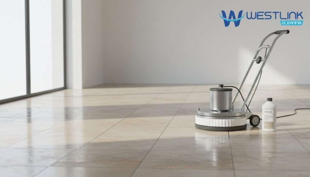 Stone and tile floor restoration methods thumbnail showing a realistic restored hard floor with grout lines, restoration machine, microfiber pad, and professional cleaning tools in a modern interior.