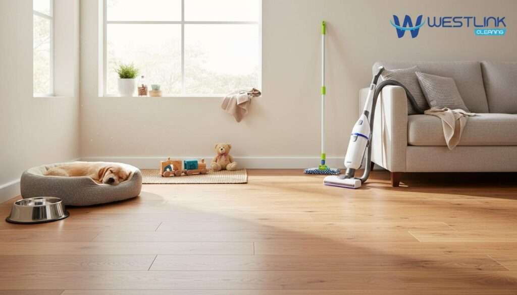 Hardwood floor cleaning in a family home with pets or children and realistic everyday living details