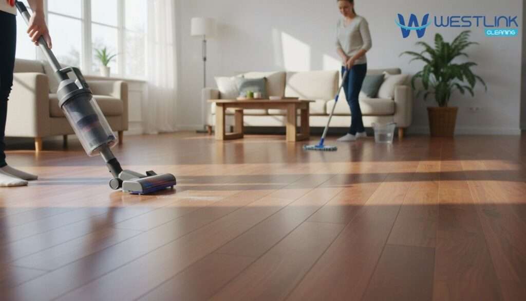 Best way to clean hardwood floors using a vacuum and slightly damp microfiber mop in a modern home