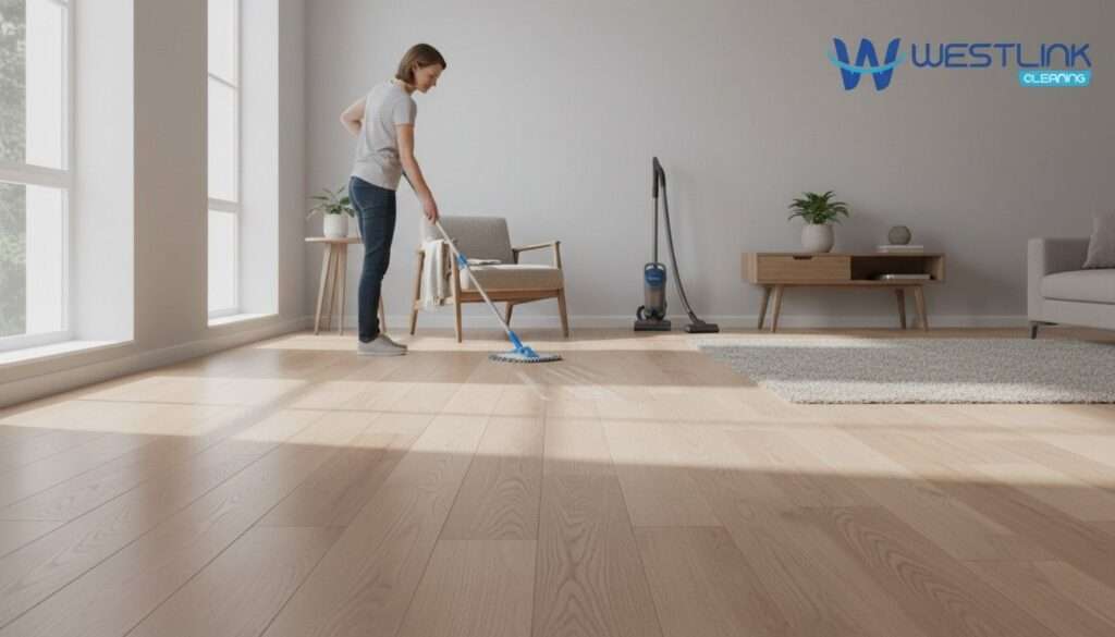 Person cleaning hardwood floors with a microfiber mop in a bright modern home