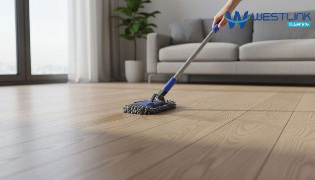 Microfiber mop cleaning vinyl plank flooring in a bright modern interior