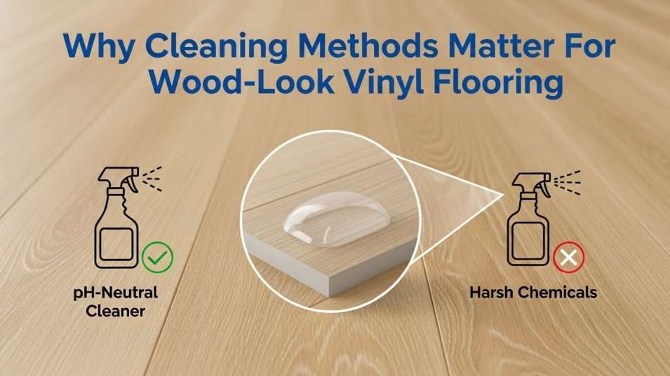 Vinyl floor close-up with wear layer illustration highlighting proper cleaners.