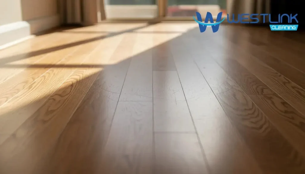 Timber floor with subtle traffic wear and sunlight exposure in a real home interior