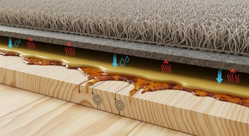 Cross-section of timber floor showing rubber underlay residue.
