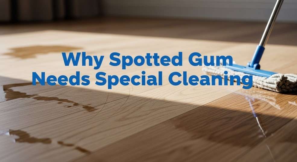 Spotted gum timber floor showing subtle scratches and a microfiber mop.