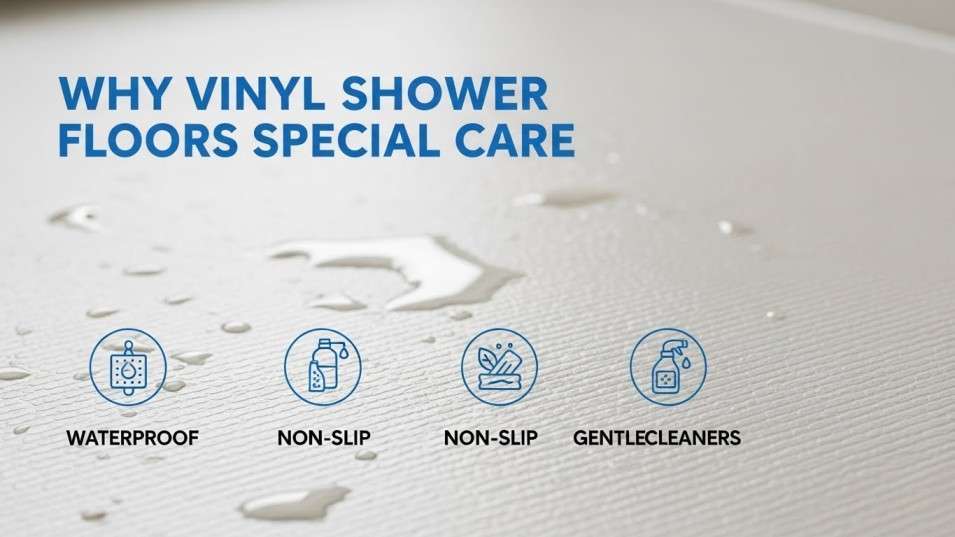 explaining the need for special care on vinyl shower floors.