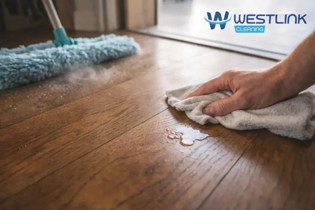 Real timber floor with fine grit near an entry area, microfiber cleaning, and a spill being wiped quickly