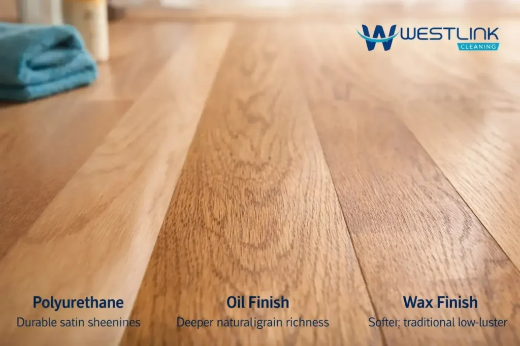 : Timber floor showing realistic differences between polyurethane, oil, and wax finishes
