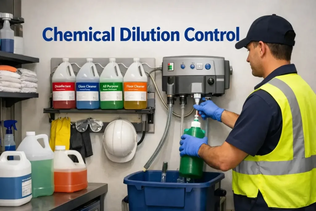 Chemical dilution control station for commercial floor maintenance in a janitorial room