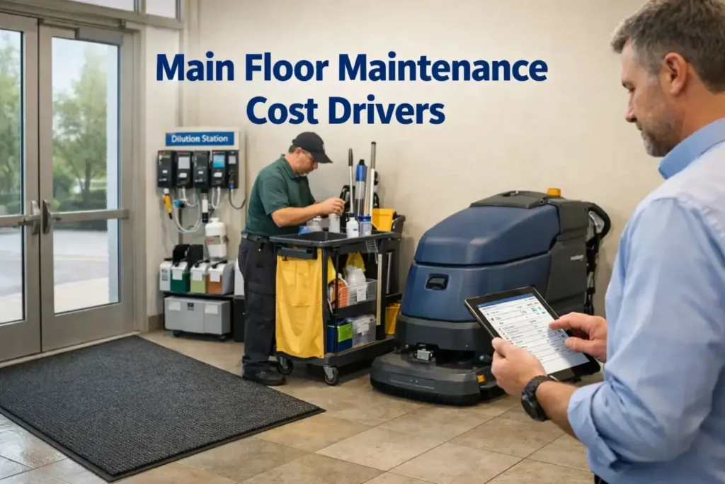Main cost drivers in commercial floor maintenance shown in a realistic facility setting
