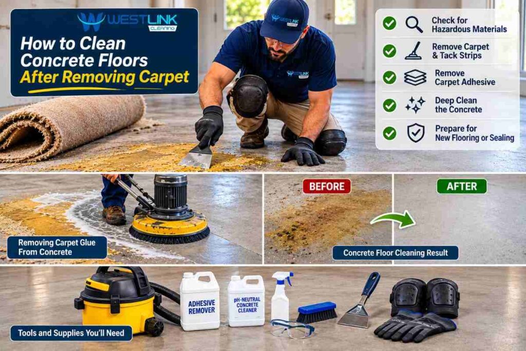 Before and after concrete floor cleaning following carpet removal, showing old carpet glue, tack strips and a clean concrete surface.