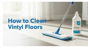 Microfiber mop cleaning vinyl tile floor with pH-neutral solution.