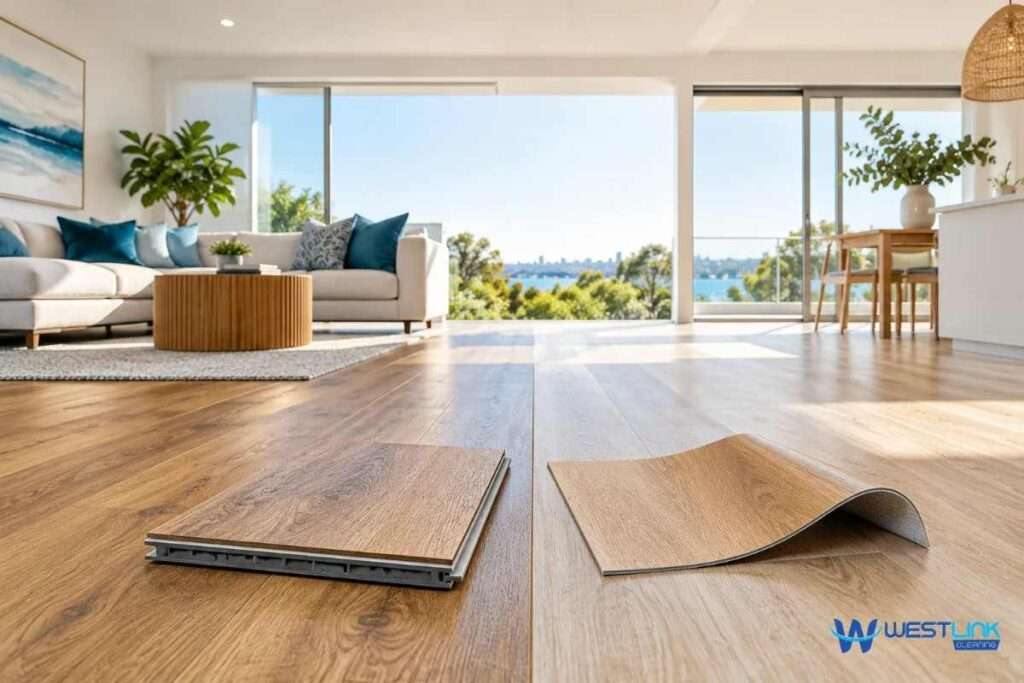 Hybrid vs vinyl flooring comparison in a modern Australian home, showing rigid-core and flexible vinyl planks.