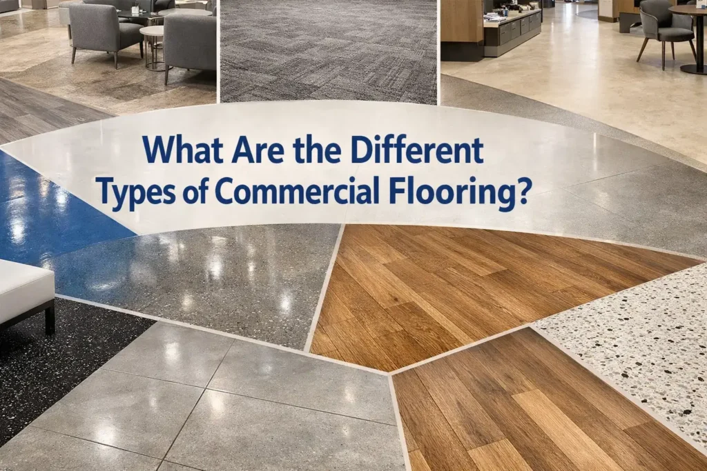 Different types of commercial flooring shown in a realistic business interior, including vinyl, carpet tile, epoxy, polished concrete, porcelain tile, timber, laminate, rubber, and terrazzo.
