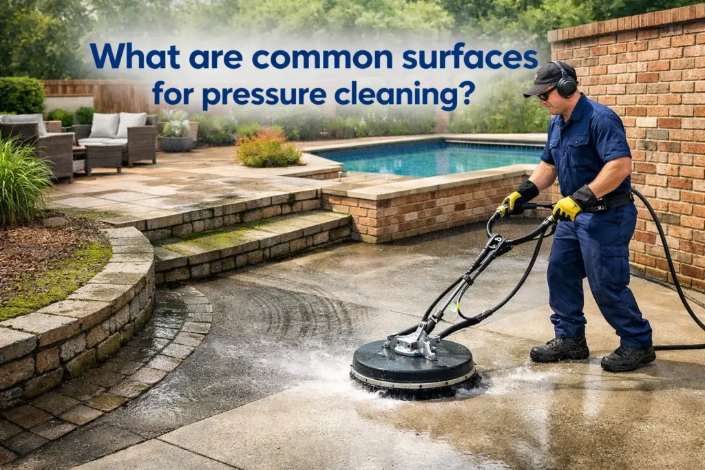 A professional pressure cleaning technician washing a concrete driveway and surrounding outdoor surfaces, including pavers and patio areas.