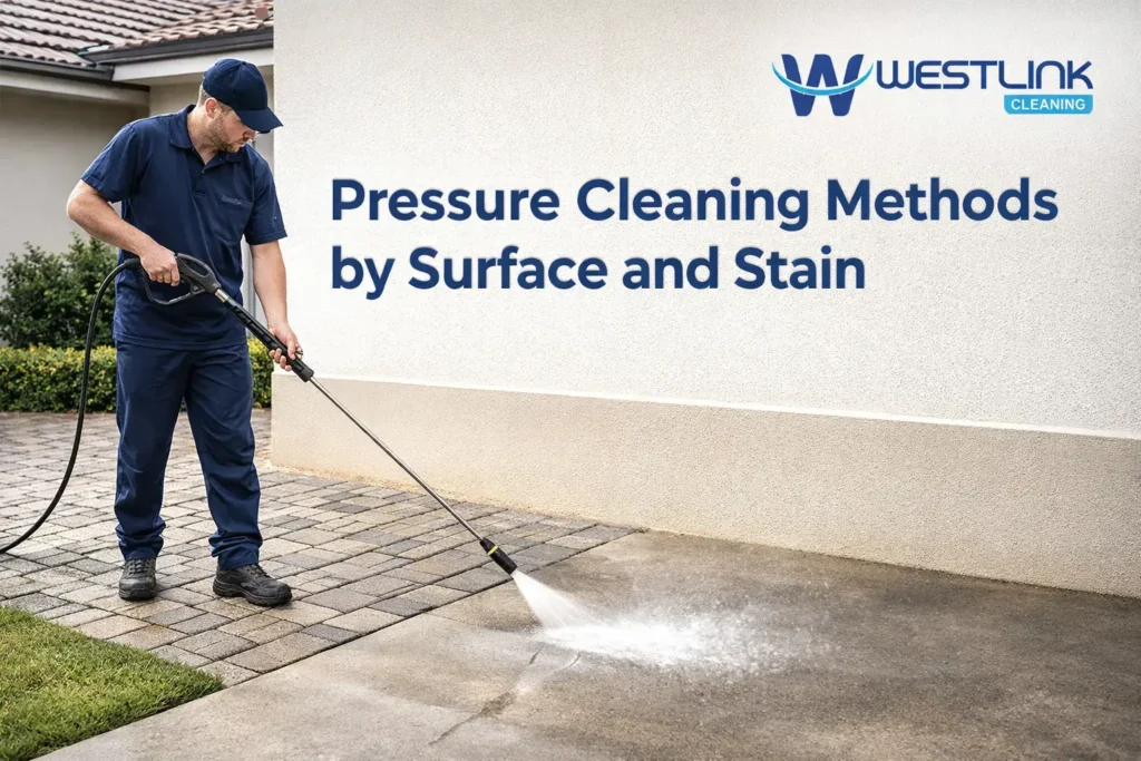 Professional cleaner pressure cleaning a property with concrete, pavers, painted wall, and roof surfaces to show different pressure cleaning methods by surface and stain.