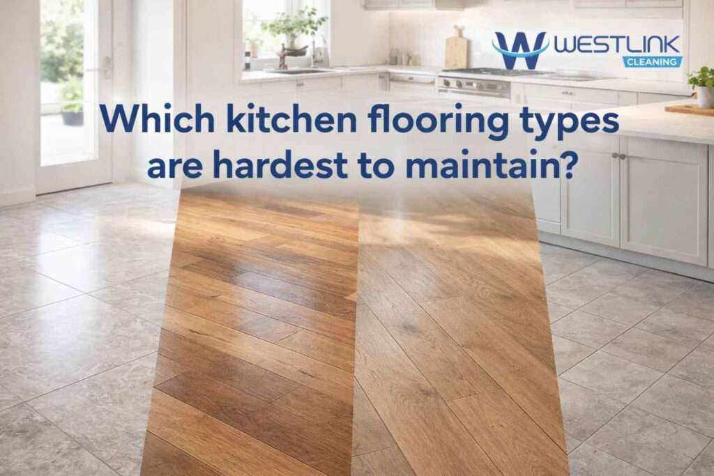 Comparison of high-maintenance kitchen flooring types including natural stone, timber, laminate, and grout-heavy tile in a realistic modern kitchen