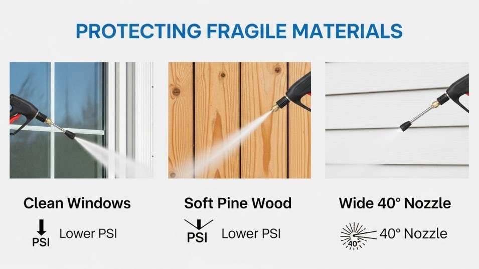 Graphic showing fragile surfaces that require low pressure cleaning.