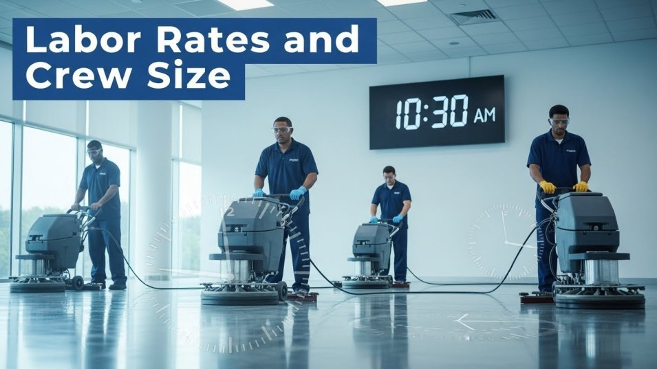 Cleaning crew operating professional floor buffing equipment.