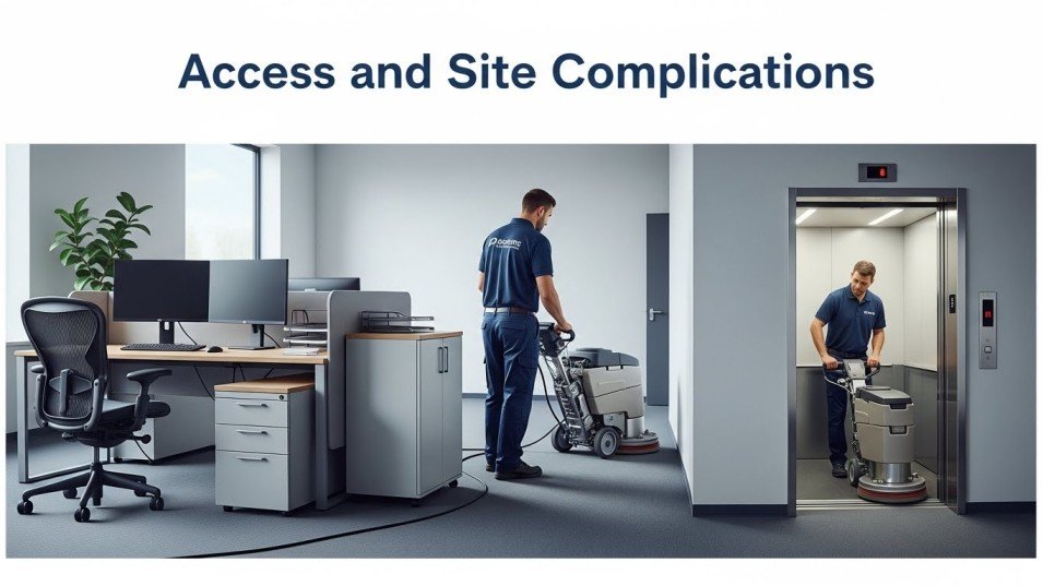 Cleaner maneuvering a floor machine around office obstacles.