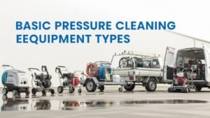Row of different pressure cleaning machines in a clean yard for a beginner equipment guide