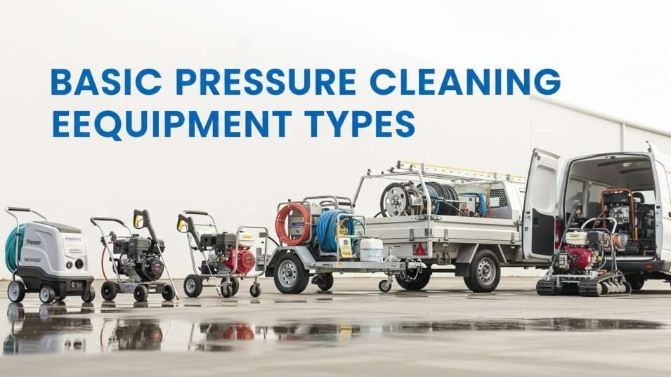 Row of different pressure cleaning machines in a clean yard for a beginner equipment guide
