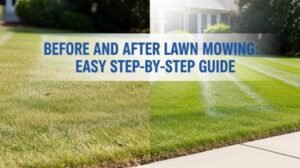 Split scene lawn showing overgrown grass on one side and freshly mowed, even grass on the other.