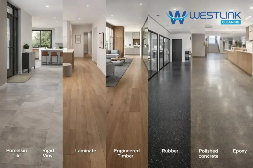 Comparison of porcelain tile, rigid vinyl, laminate, engineered timber, and commercial flooring in realistic interior settings.