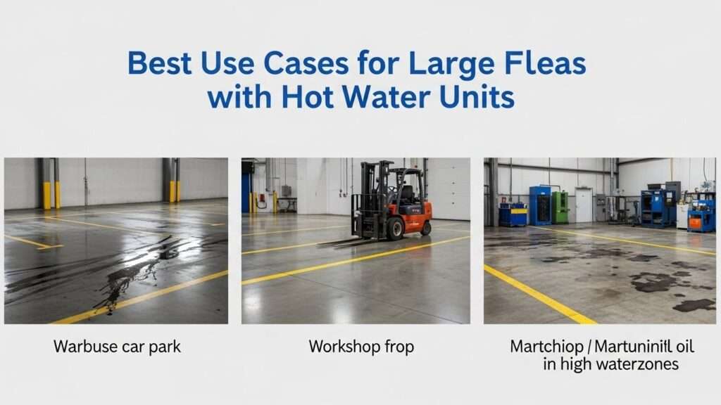 Car park, warehouse floor, and workshop floor showing hot water surface cleaning use cases